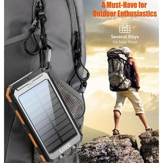 LOZE Solar Charger Power Bank 10000Mah with Type-C and Dual USB Ports, Compatible with Iphone, Samsung, Etc. Solar Panel Charger with Dual Flashlights, IP65 Waterproof Portable Power Bank for Outdoor Activities.